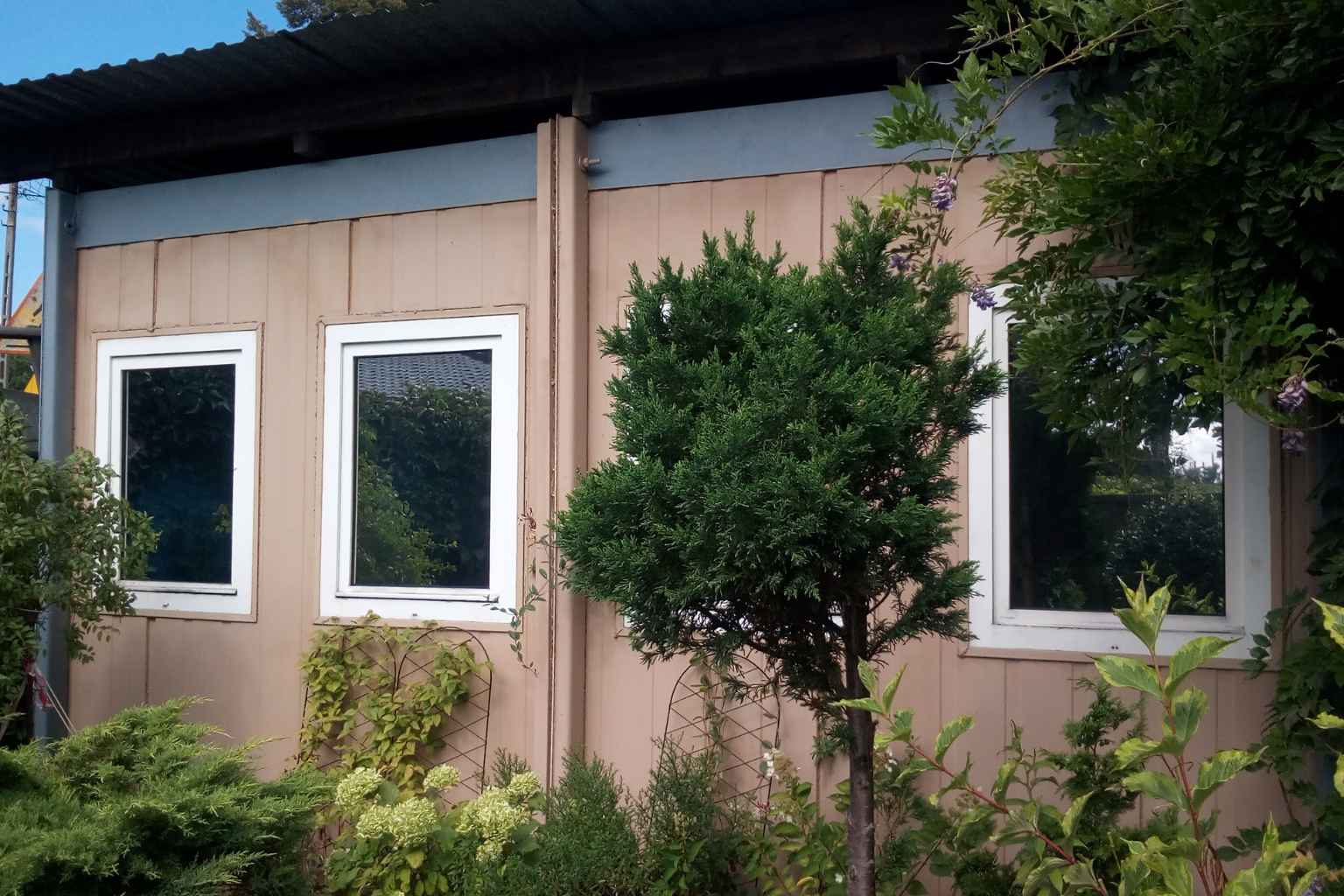 Ogródek działkowy z folią lustro weneckie zapewniającą prywatność zamiast firanek.