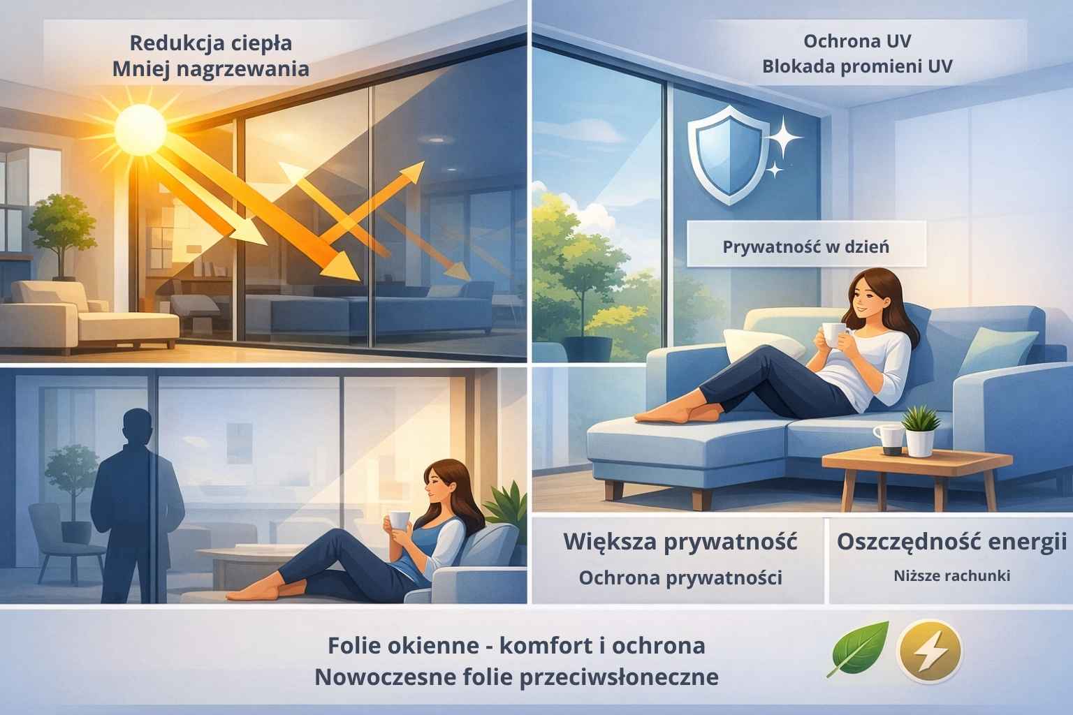 Infografika przedstawiająca korzyści z folii przyciemniającej.