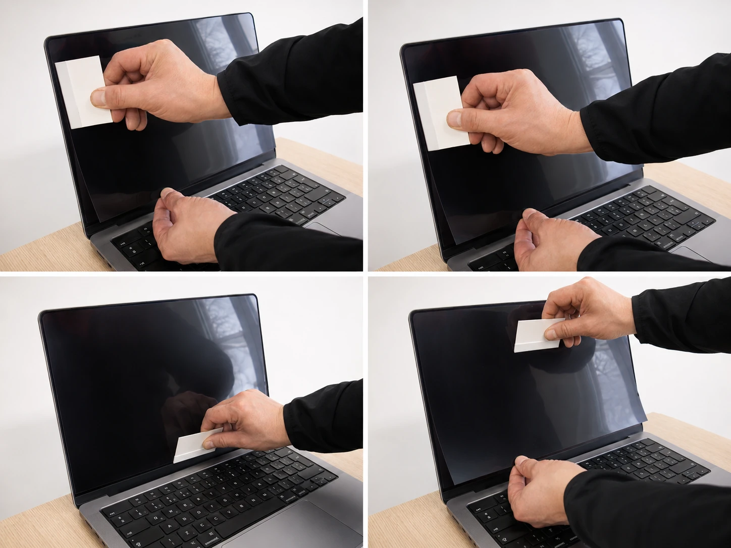 Pressing the adhesive privacy filter onto the screen with a felt card