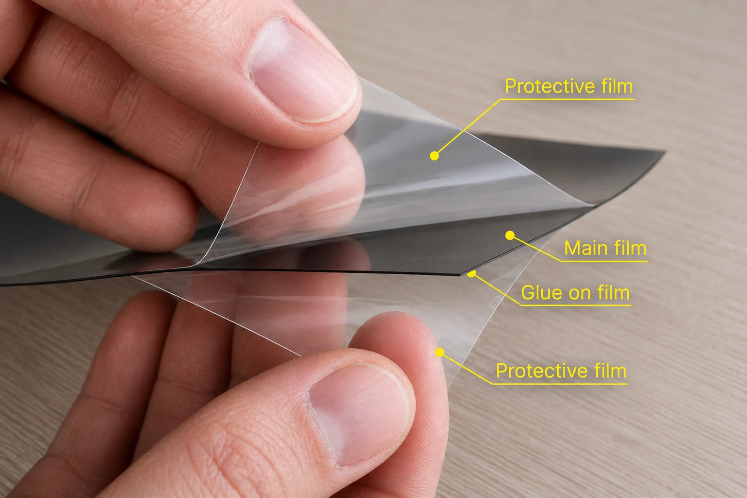 Diagram explaining the protective layers and structure of the adhesive privacy filter