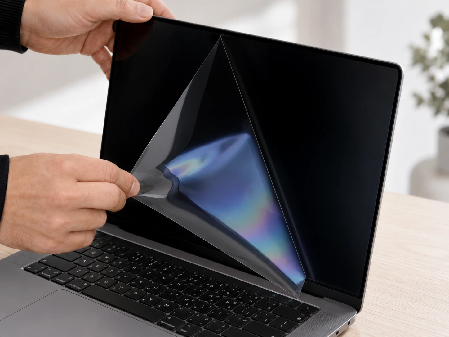 Removing the front protective film from an installed privacy filter