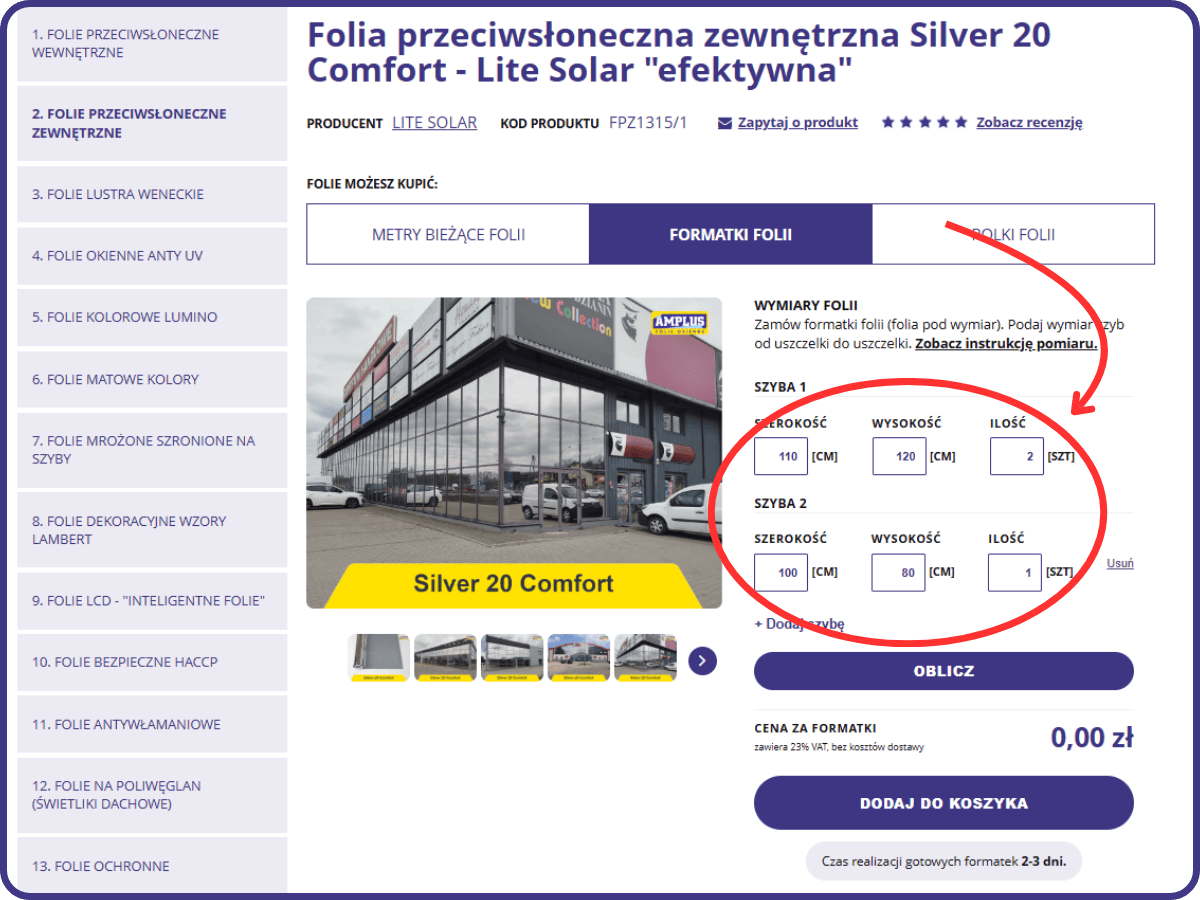 wpisanie własnych wymiarów folii przeciwsłonecznej na marketfolie.pl w celu zakupu na wymiar