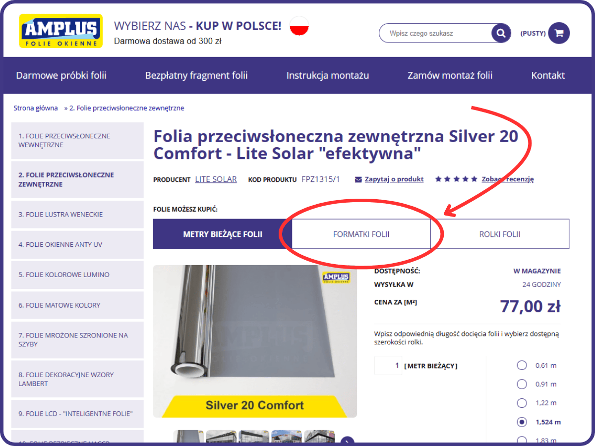 wybranie zakładki zakup formatek folii na marketfolie.pl