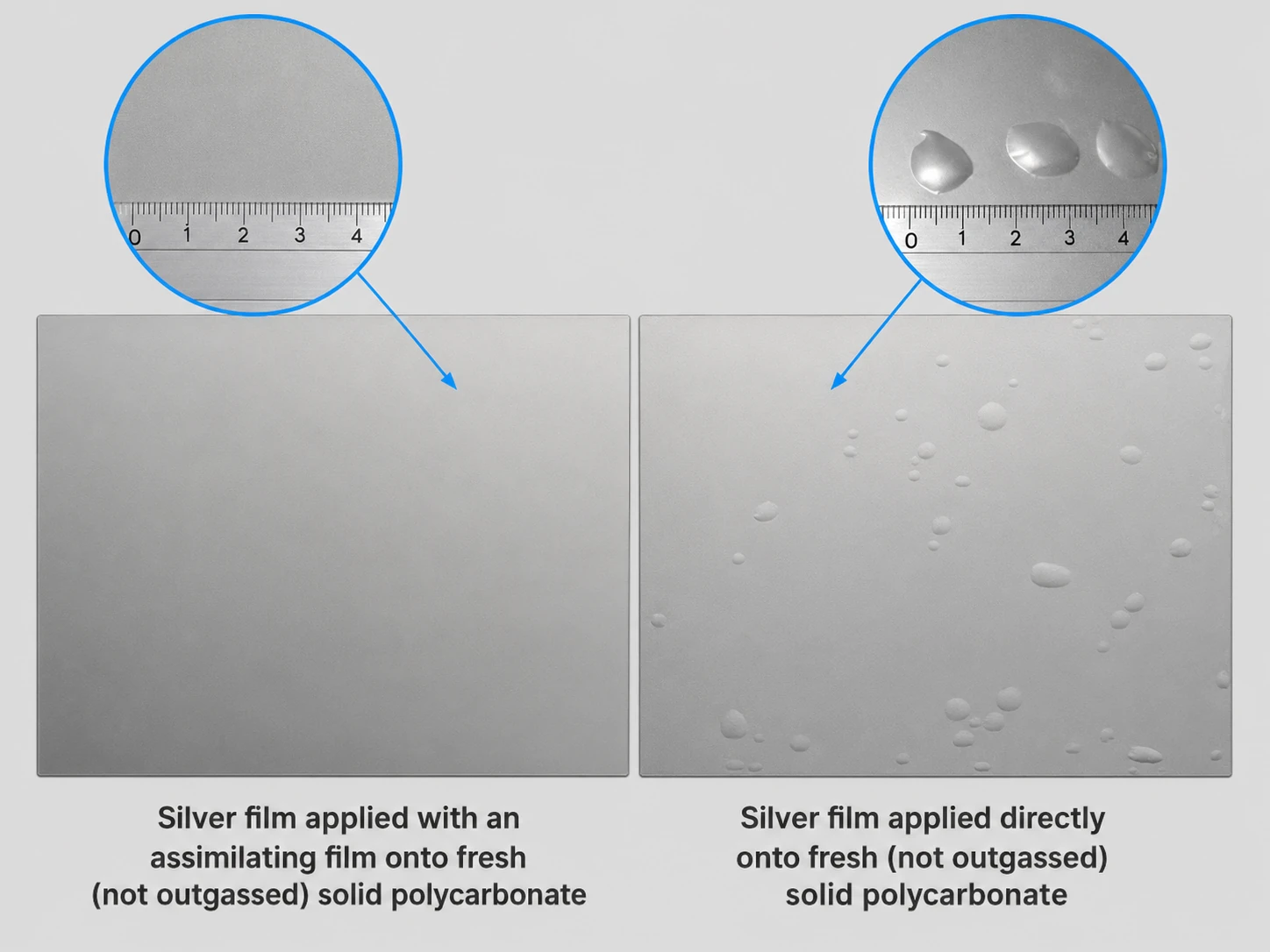 Comparison of silver film applied to solid polycarbonate with assimilating film and without assimilating film
