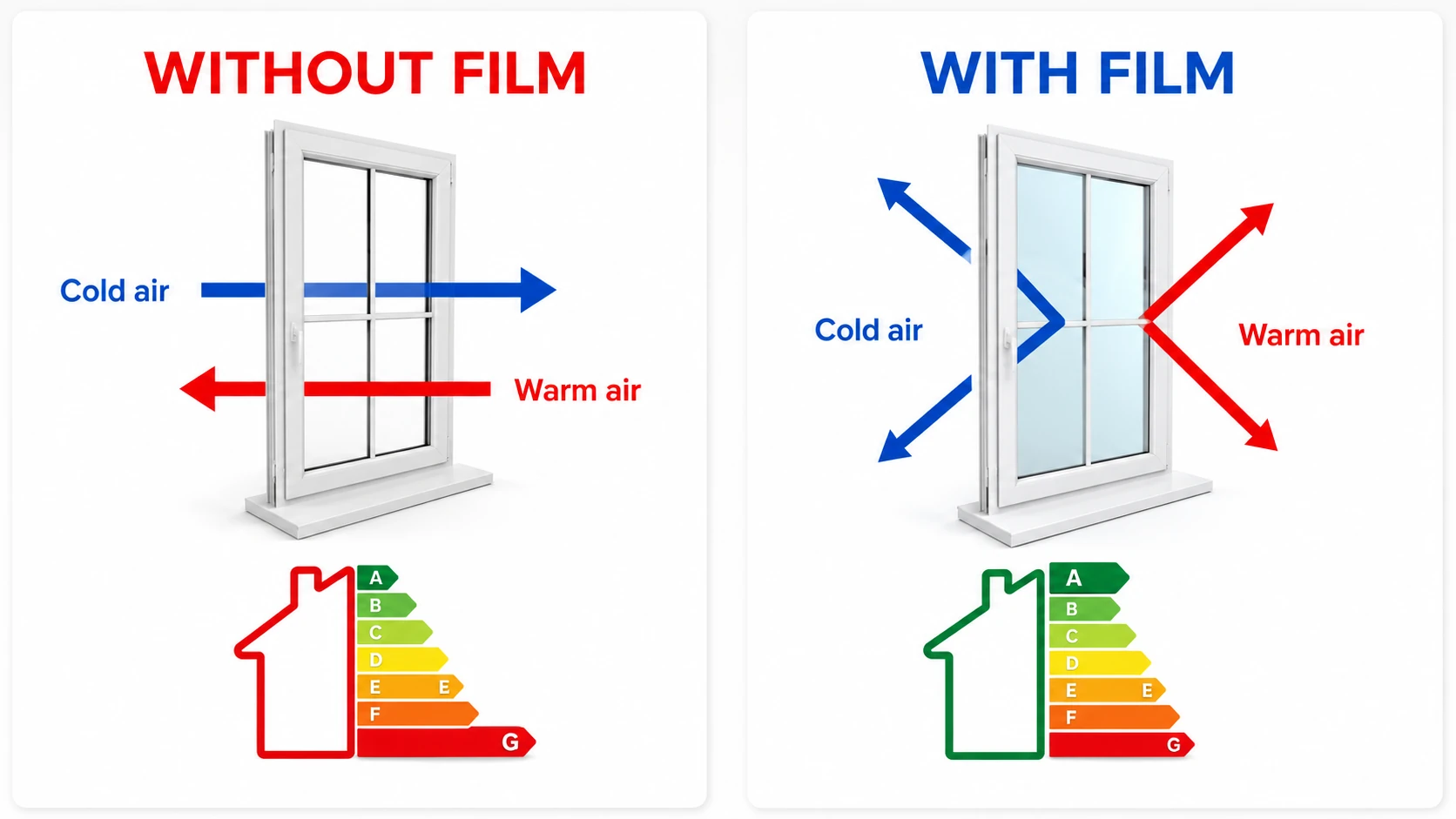 Comparison infographic showing a window without film and with clear exterior solar window film