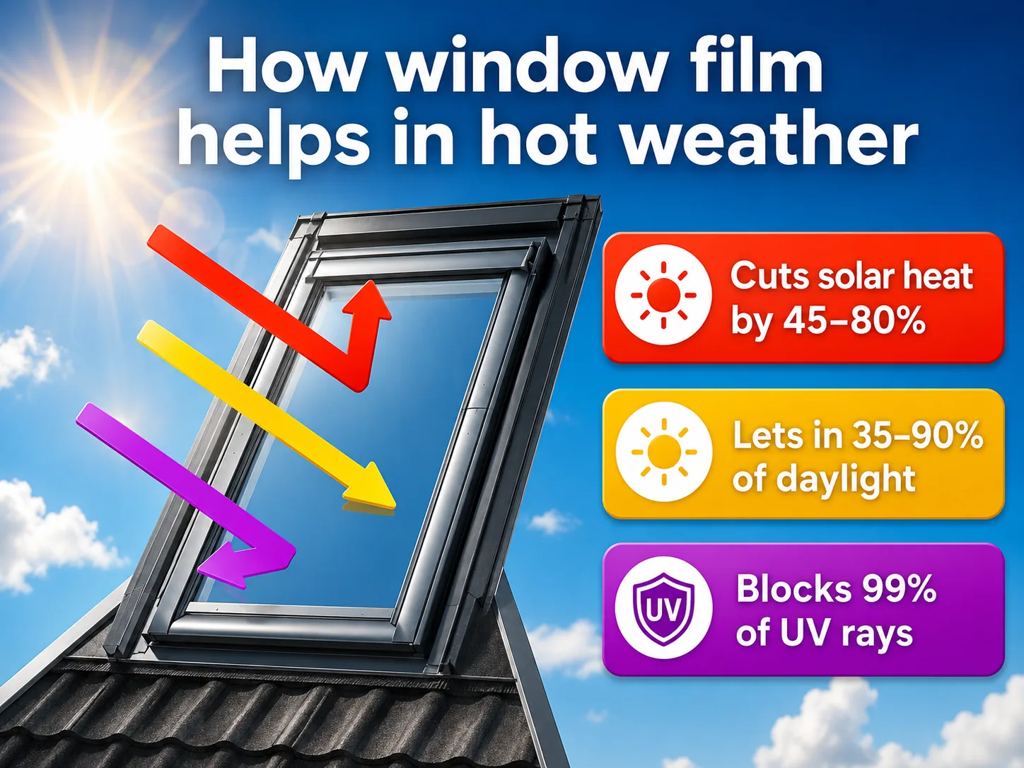 Infographic showing how exterior solar window film helps reduce heat through window glass