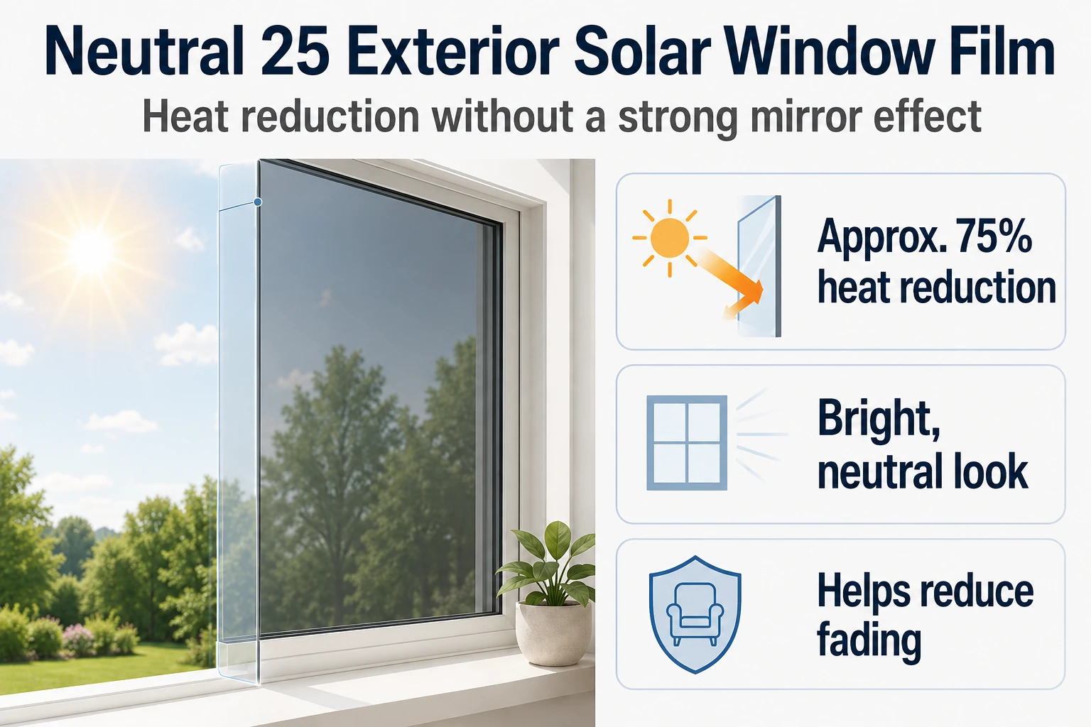 Neutral 25 exterior solar window film infographic showing heat reduction, bright neutral appearance and reduced fading