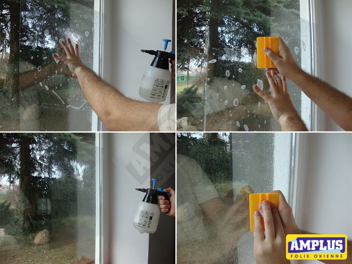 Removing water from under window film with a squeegee