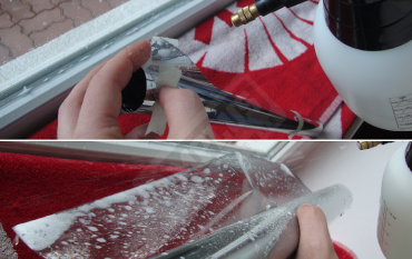 Misting the adhesive side of a window film fragment
