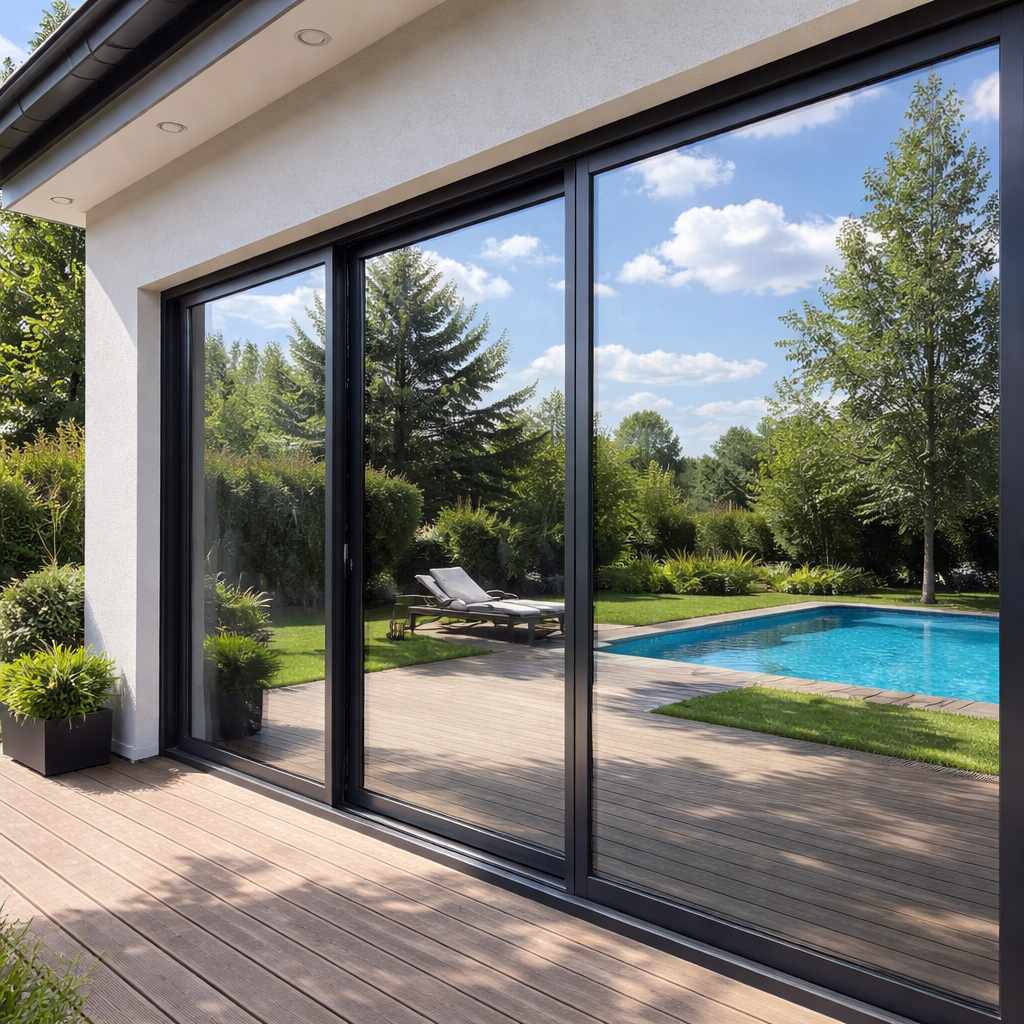 Zdjęcie przedstawiające nowoczesne drzwi tarasowe w domu jednorodzinnym pokryte folią lustro weneckie, odbijające basen, zielony ogród i palmy w słoneczny dzień